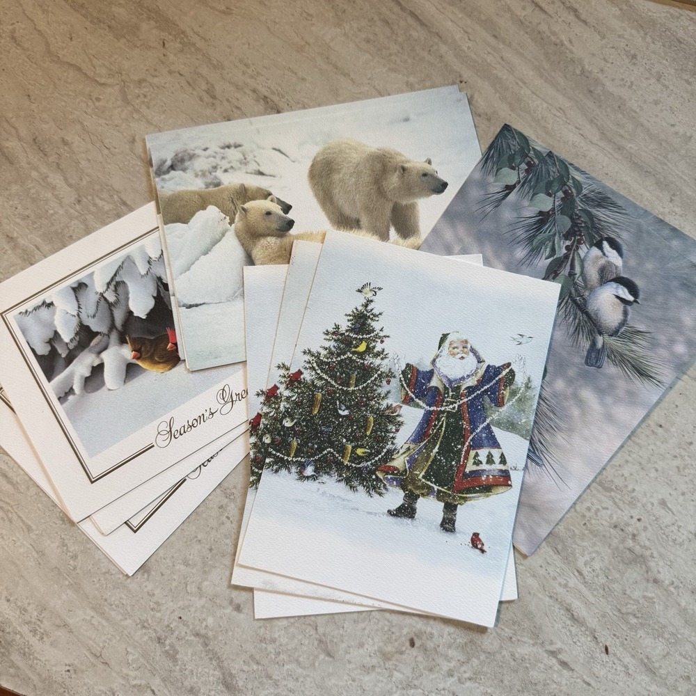 Lot Of 10 Christmas Cards Santa Polar‎ Bears Birds Unused W Envelopes